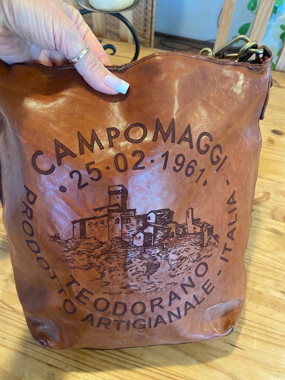 CAMPOMAGGI Genuine leather Stamped Brown Leather Bucket Crossbody Bag